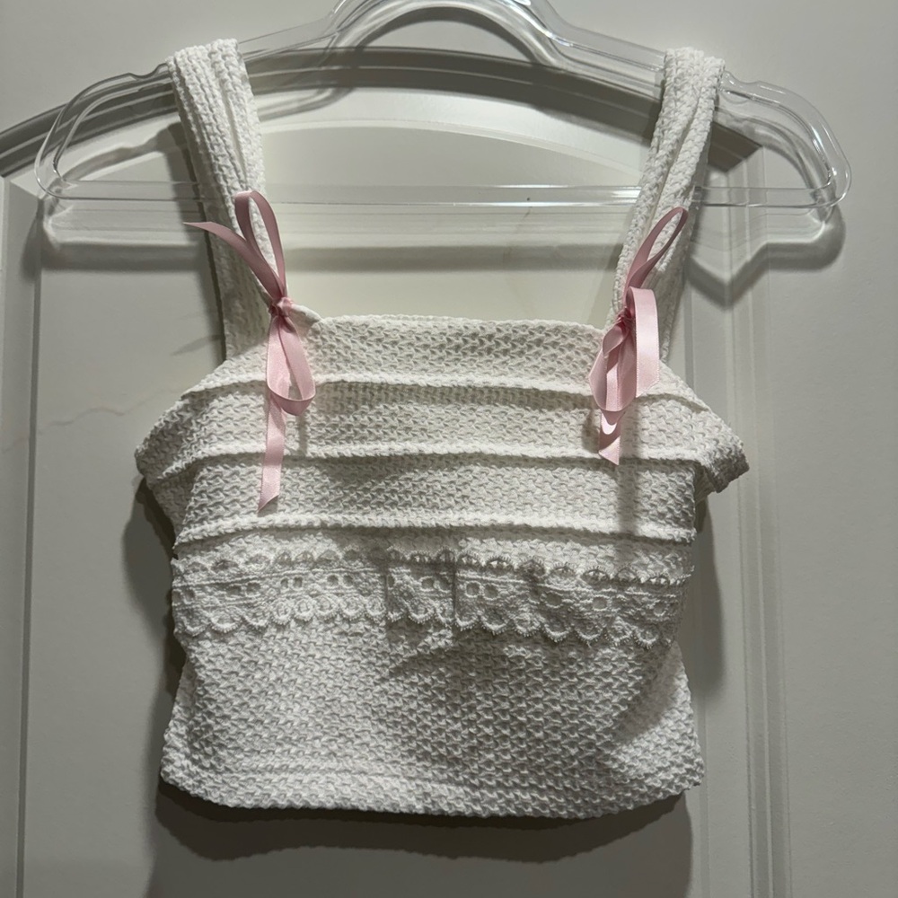 White Textured Crop Top with Pink Ribbon Accents